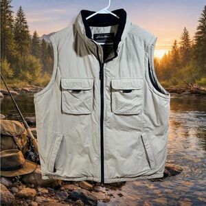 Eddie Bauer Goose Down Vest XL Tall Tan Utility Outdoor Puffer Fleece Collar